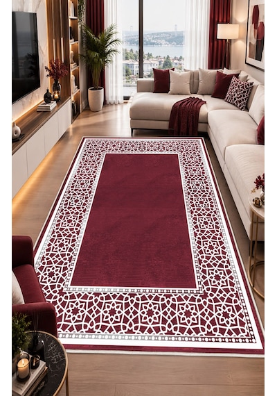 Bordo Krem Dijital Baskı Halı Kaymaz Tabanlı Yıkanabilir Halı Yolluk Salon Halısı2158