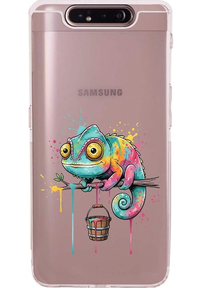 Samsung Galaxy A90 İle Uyumlu Splash Bukalemun Tasarımlı Şeffaf Silikon Kılıf Şeffaf