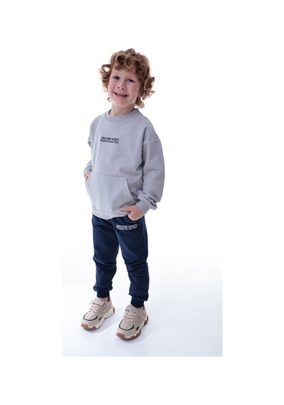 Erkek Çocuk Polar Eşofman Takımı Yumuşak Kumaş Kapüşonlu Sweat & Rahat Jogger Alt Gri