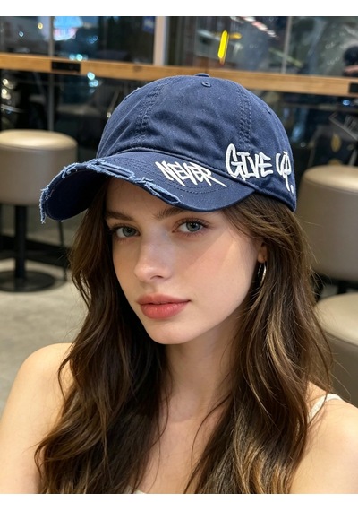 Valkyrie Unisex Lacivert Never Give Up Nakışlı Baseball Şapka Ayarlanabilir Vintage Streetwear Spor Kep