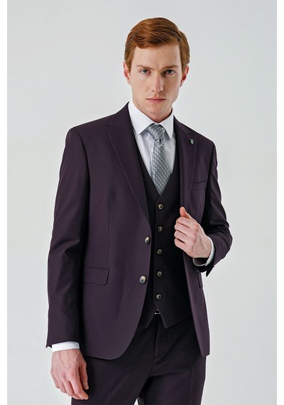 İmza Gabardin Kırlangıç Yaka Yelekli 6 Drop Slim Fit Klasik Takım Elbise 1001240187- Mürdüm İmza Gabardin Kırlangıç Yaka Yelekli 6 Drop Slim Fit Klasik Takım Elbise 1001240187- Mürdüm