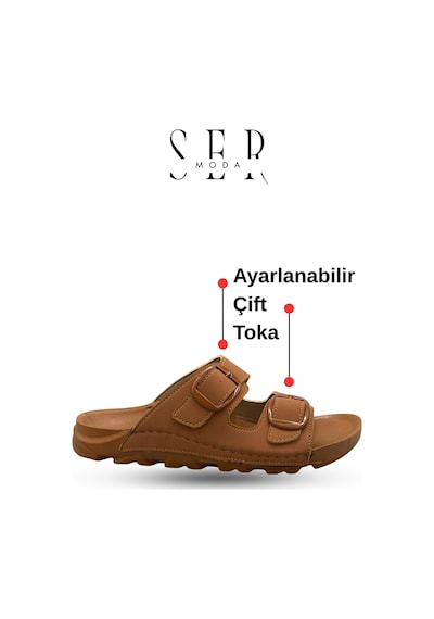 Sermoda Kadın Terlik Esnek Anatomik Tabanlı Ayarlanabilir Çift Tokalı Kadın Terlik Taba