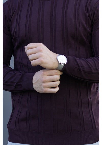 Hk Premium Kazak Fitilli Bisiklet Yaka Slim Fit Triko Bordo
