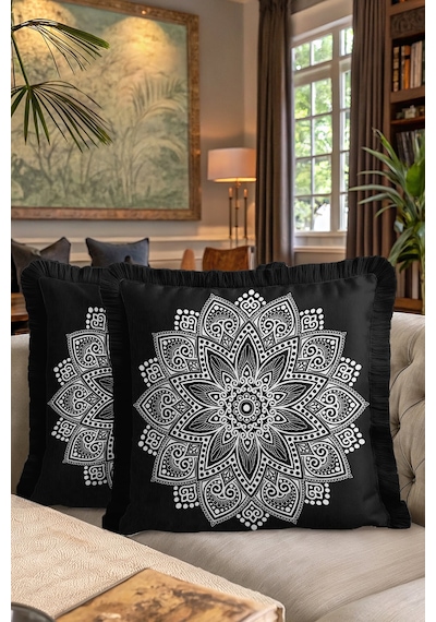 Mandala Motifli Saçaklı Yastık Kılıfı - Etnik Siyah Beyaz Bohem Püsküllü Kırlent Kılıfı Orman Limon Sarısı