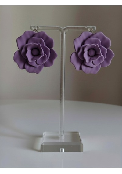 Kadın Küpe Büyük Lila Violet Gül Model - 6 Cm Minimalist Halka/çivili Gül Çiçek Küpe