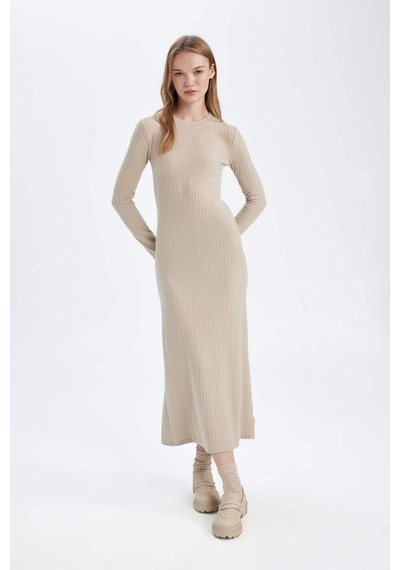 DeFacto Bodycon Vücudu Saran Bisiklet Yaka Basic Düz Kaşkorse Uzun Kollu Maxi Elbise D3373AX24WNBG123 Bej
