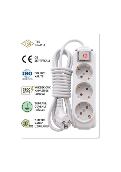 3 Lü Priz 2 Metre Uzatma Kablosu Anahtarlı Topraklı 3500w Işıklı Aç-kapat Düğmeli Grup Priz Ce Tse Iso 9001 Belgeli Almera Tüm Elektronik Cihazlarla Uyumlu
