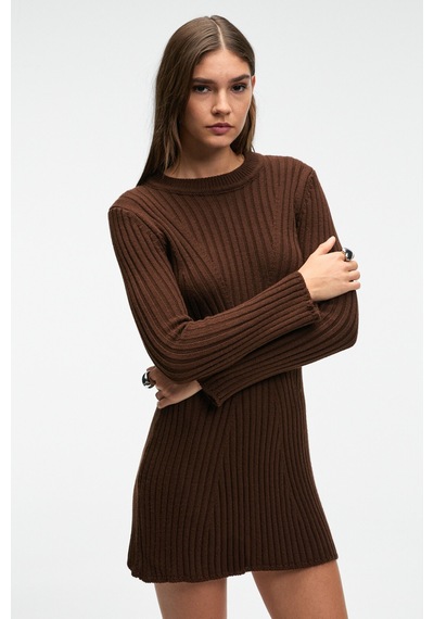 Grımelange ENCANTO Kadın Yuvarlak Yaka Çizgi Desenli Slim Fit Kahverengi Elbise