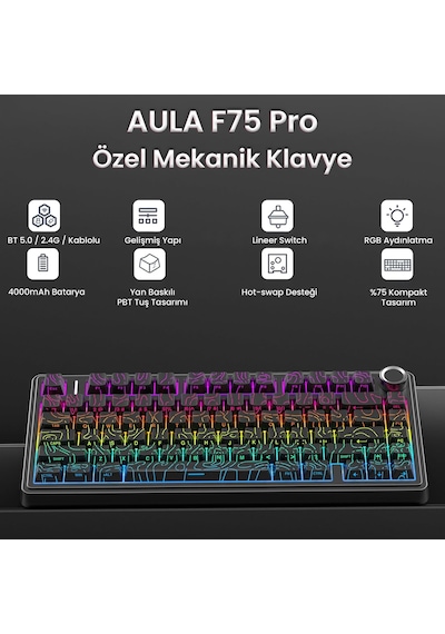 Aula F75 Mekanik Rgb Tkl Seiya Switch Kablosuz Makrolu Hot Swap Klavye Desenli Siyah