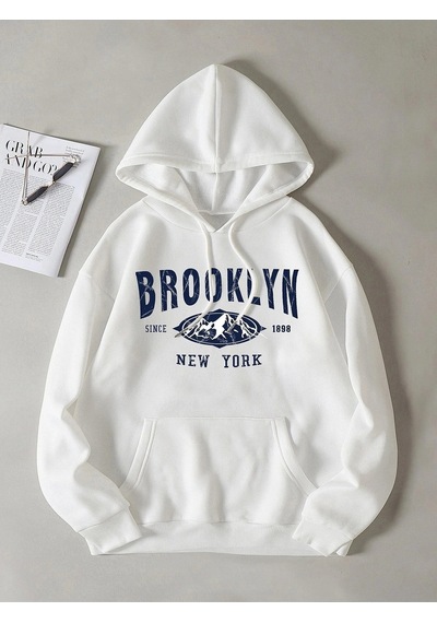 Startmore Unisex Beyaz Brooklyn Baskılı Kapüşonlu Sweatshirt Beyaz
