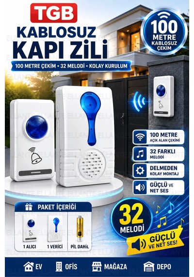 Kablosuz Kapı Zili 100 Metre Çekim Mesafeli 32 Melodili Priz Tipi Ev Ofis İşyeri Kapı Zili