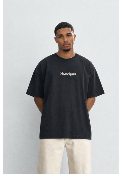 Respire Erkek Final Supper Nakışlı Oversize T-shirt Siyah
