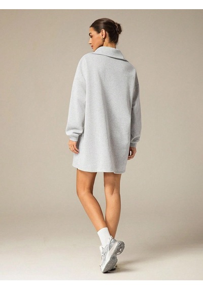 Afri 3 İplik Şardonlu Gri Oversize Fermuarlı Tunik Sweatshirt - Günlük Spor Elbise Gri