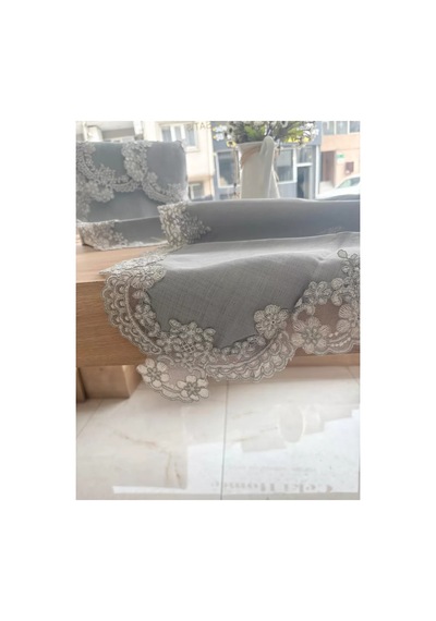 Salon Takımı 5 Parça Keten Dantelli Masa Örtüsü Runner Seti Çeyizlik Firuze Model Gri Çok Renkli