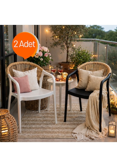 Sole Rattan İpli Balkon Ve Kafe Sandalyesi 2'li Set Bahçe Sandalyesi Siyah