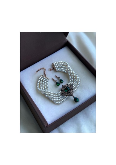 Baget Ve Su Damlası İnci Choker Kolye Ve Küpe Seti Beyaz