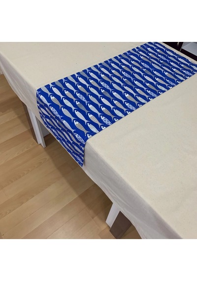 Bodrum Balık Desenli Runner, Duck Kumaş Runner, Su Ve Leke İtici Dayanıklı, Modern Tasarım 40x110 Mavi