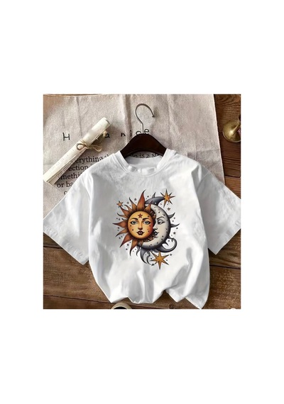 Herkesemoda Ay Ve Güneş Baskı Detaylı Basic T-shirt Beyaz