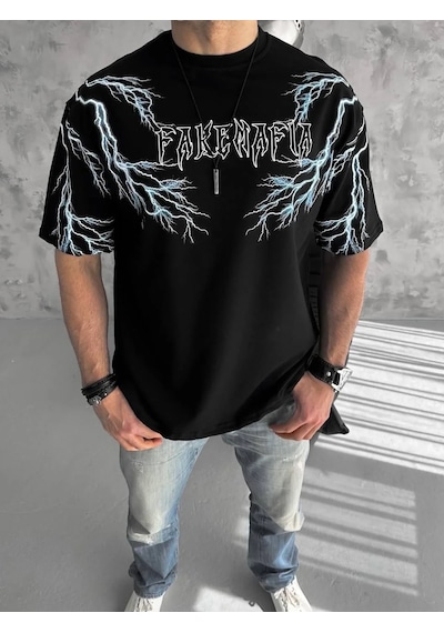 Erkek Bisiklet Yaka Yıldırım Baskılı Kısa Kol T-shirt-siyah Siyah