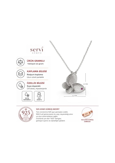Servi 925 Ayar Gümüş Pembe Taşlı Kelebek Kolye-458