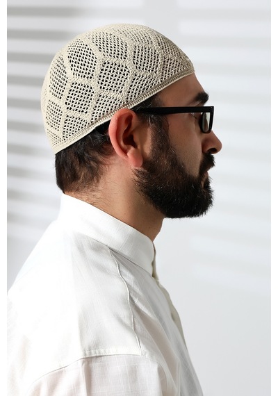 Makine Örgüsü Dantel Detaylı Namaz Takkesi Bej Bej