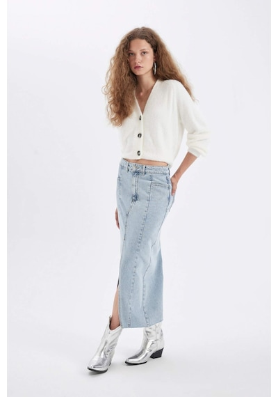 Defacto Fashion Fit Yırtmaçlı Uzun Boy Jean Etek D4419AX24AUNM39 Mavi