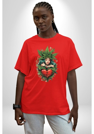 Kalp Parmak Kız Yeşillik Mutluluk Pamuklu Bisiklet Yaka Unisex Oversize Boyfriend Dijital Baskılı Kırmızı T-shirt Kırmızı