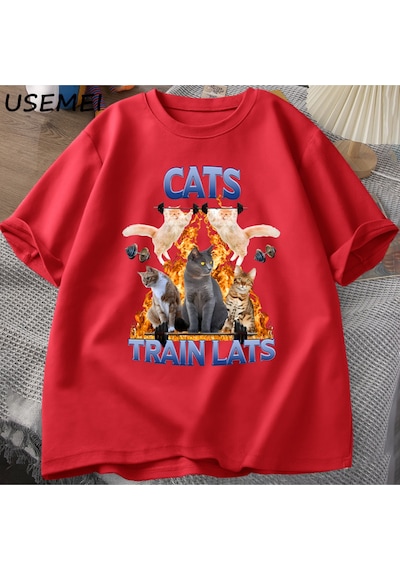 Flood Of Style Kedi Tren Lats Graphci T Shirt Komik Spor Adam Giysileri Tshirt Boy Rahat Pamuk Kısa Kollu Ti Kırmızı