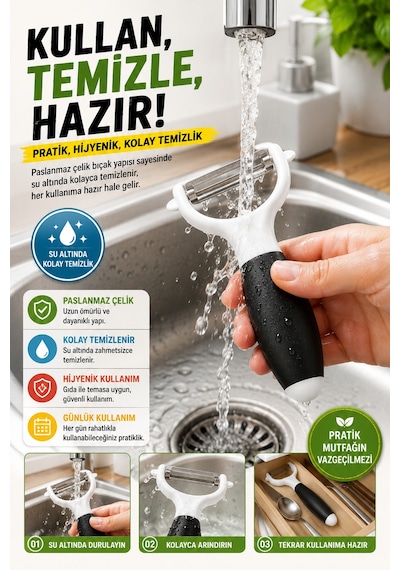 Siyah Saplı Sapan Soyacak Paslanmaz Çelik Sebze Meyve Soyucu Ergonomik Pratik Mutfak Aparatı