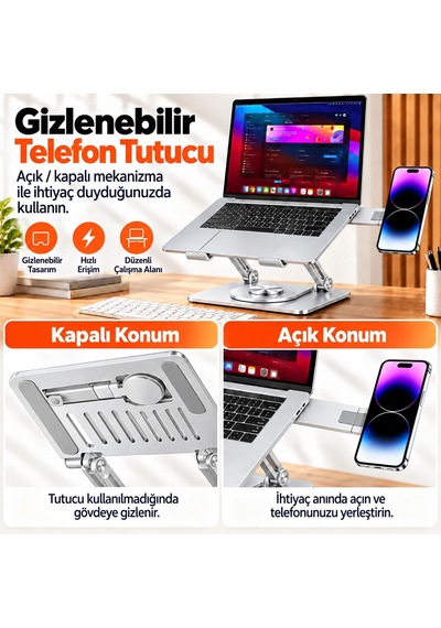2'si 1 Arada Laptop Standı, Karbon Çelik 360 Döner Yükseklik Ayarlı, Gizlenebilir Magsafe Uyumlu Telefon Tutuculu Notebook Standı, Macbook Uyumlu, 17.3 İnçe Kadar Gümüş