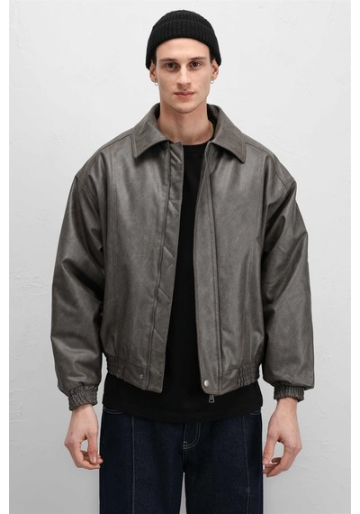 Vamos Oversize Deri Bomber Ceket Vizon