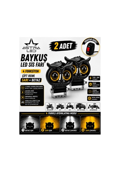 2 Adet Açma Kapama Anahtarlı Baykuş Led Sis Farı Çakarlı 4 Fonksiyon Çift Renk Sarı-beyaz Moto-offroad-suv-iş Makinesi