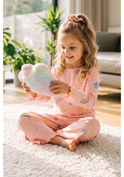 Zuzunga Kız Çocuk Gökkuşağı Desenli Beybi Overlok Somon Pijama Takımı Toka Hediyeli