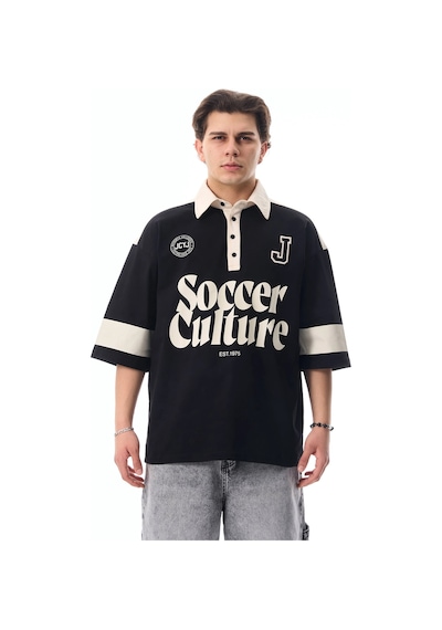 More Black Soccer Culture Baskılı Polo Yaka Premium Oversize Tshirt Kemik