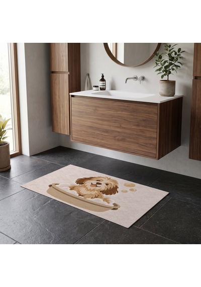 Kartela Halı Köpek Desenli Banyo Paspası Gül Kurusu Kaymaz Taban Makinede Yıkanabilir 50x75 Cm