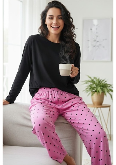 Siyah İnci Pamuklu Örme Pijama Takım 7975 Pembe Siyah Kalp Puan