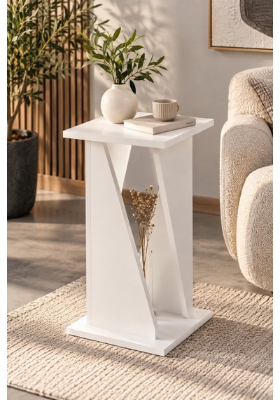 Sulorahome Modern Mermer Desenli Yan Sehpa Beyaz