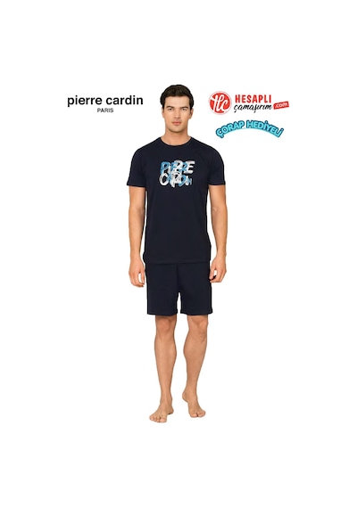 Pierre Cardin Paris Premium Erkek %100 Pamuk Baskılı Yazlık Rahat Kesim Şortlu Pijama Takımı Lacıvert