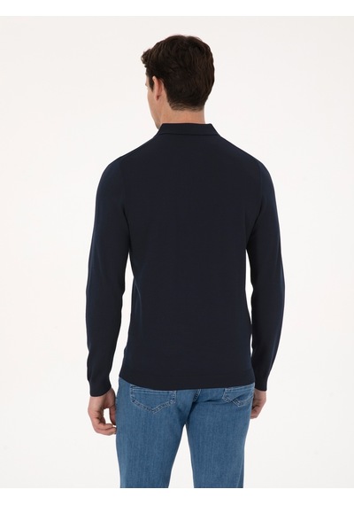 Cacharel Lacivert Regular Fit Yün Karışımlı Polo Yaka Basic Triko Kazak