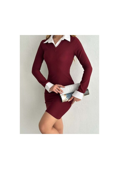 Asur Boutique Asur Butik Kadın Gömlek Yaka Ottoman Kumaş Mini Elbise 1 Beden Büyük Alınız Bordo