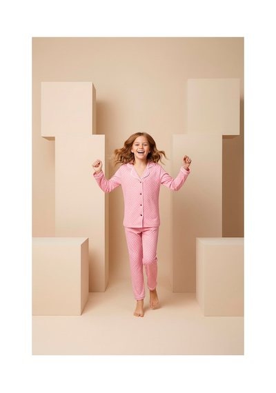 Rindahomewear Anne-kız Puantiye Desenli Örme Düğmeli Uzun Kollu Pijama Takımı Pembe
