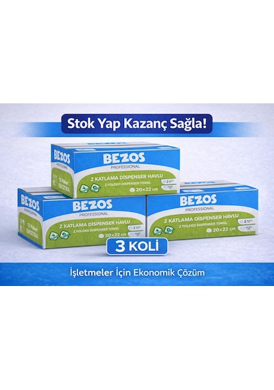 Bezos Professional Z Katlamalı Dispenser Havlu 2 Katlı %100 Selüloz 20x22 Cm 3 Koli 36 Paket