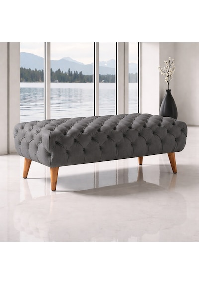 Smarto Relax Swiss Style Puf Adelboden Kapitone Puf,baby Face Polyester Kaplama,ahşap Ayaklı 100 X 50 X 45 Cm Kapitone Puf,ayaklı Gri