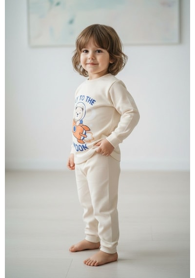 Aden Kids Mevsimlik Pamuklu Kumaş Karikatürlü Çocuk Pijama Takımı Bej