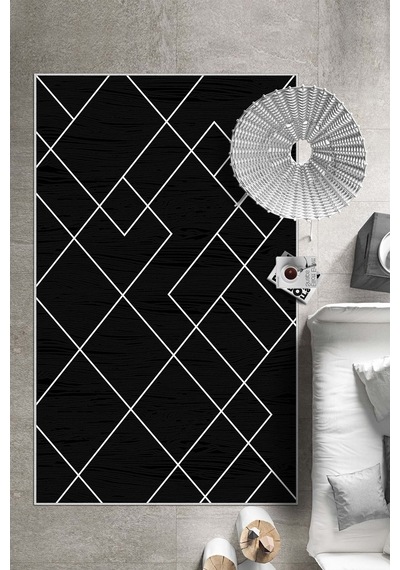 West Home Dijital Baskı Yıkanabilir Kaymaz Taban Siyah Salon Halısı Mutfak Halısı Yolluk Wh 533 Black