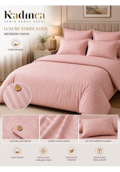 Luxury Stripe Pamuk Saten Nevresim Takımı 6parça Pembe