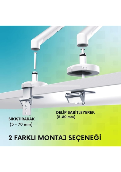 Özel Tasarım Tekli Monitör Kolu Max 35" 10kg Taşıma Kapasiteli Mekanik Yaylı Hızlı Tak-çıkar Vidasız Montaj Beyaz