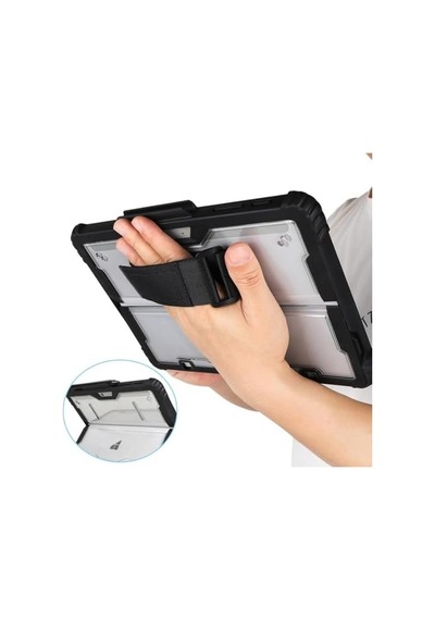 Surface Pro 9/10/11 13 İnç Surface Pro Copilot+ Pc Rugged Kılıf 360 Stand, El Kayışı, Omuz Askısı, Darbe Emici Koruma Şeffaf Arka Darbe Emici Standlı Stylus Kalem Tutucu Koruyucu Siyah