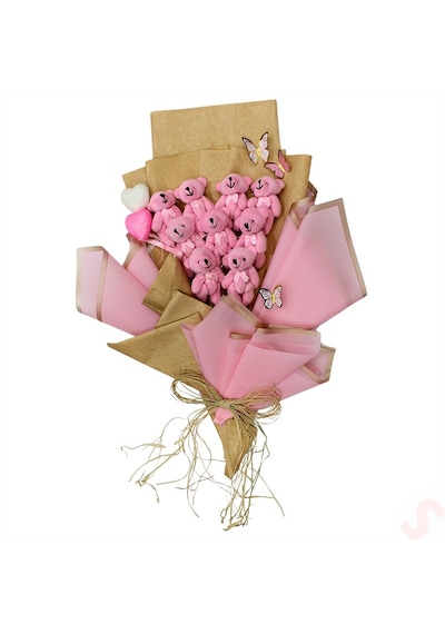 9 Pelüş Ayıcıklı Ve Led Işıklı Buket, 57cm X 45cm - Pembe
