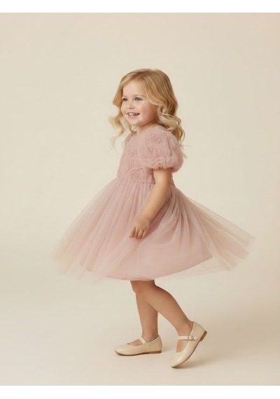 Zekids Kız Çocuk Gül Desenli Tül Abiye Elbise-17283 Pudra